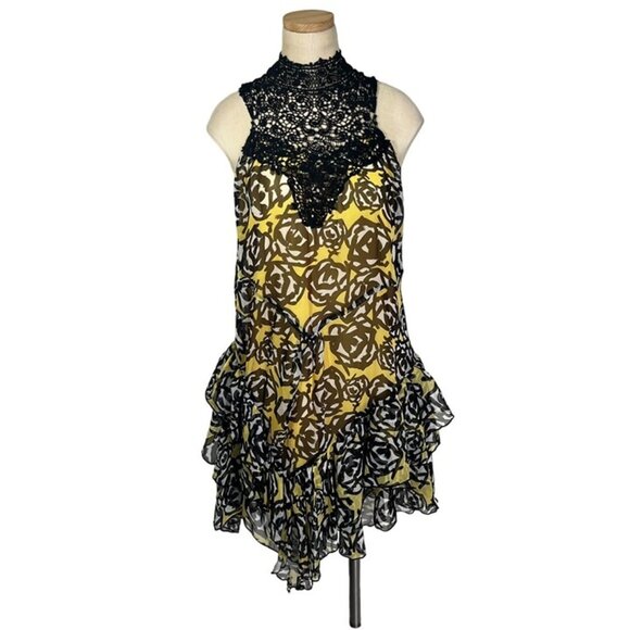 Esley women's dress S yellow black rose print lace high neck flowy ruffles - Picture 1 of 6